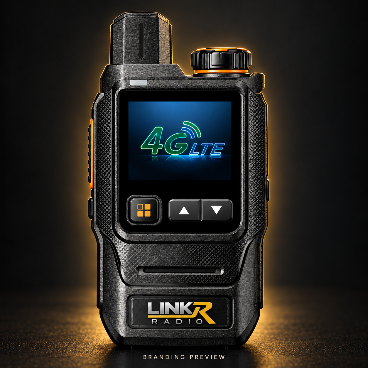 DK-Q1 radio branding preview with silver LINK and sweeping gold R branding on its lower front